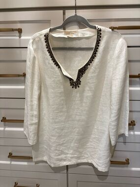 Michael Kors White Linen Tunic with Beaded V-Neck